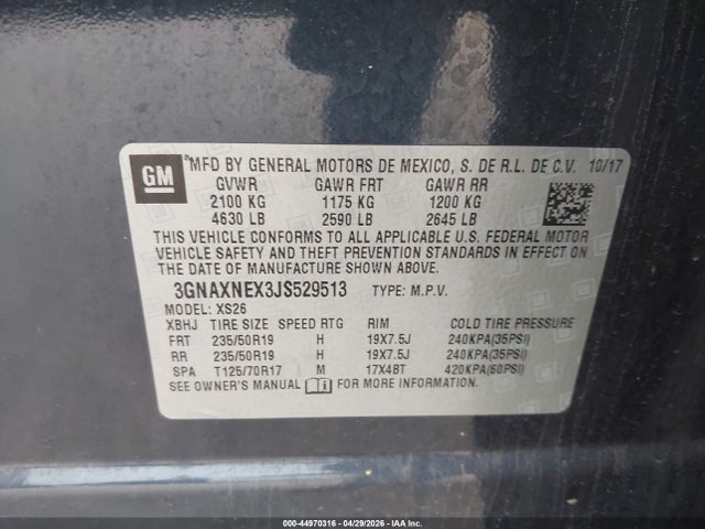 Продаж на аукціоні авто 2018 Chevrolet Equinox Premier, vin: 3GNAXNEX3JS529513, номер лоту: 44970316