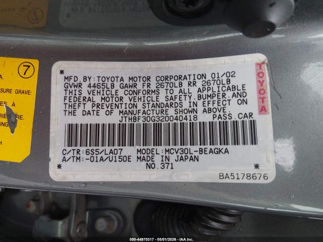 44970317 :رقم المزاد ، JTHBF30G320040418 vin ، 2002 Lexus Es 300 مزاد بيع