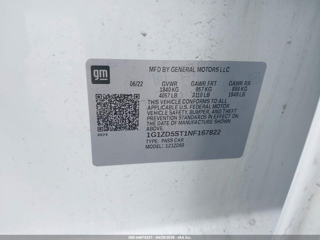 Продажа на аукционе авто 2022 Chevrolet Malibu Fwd Lt, vin: 1G1ZD5ST1NF167822, номер лота: 44970321