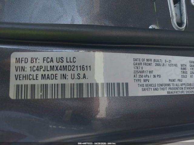 1C4PJLMX4MD211611 Jeep Cherokee Latitude Lux Fwd