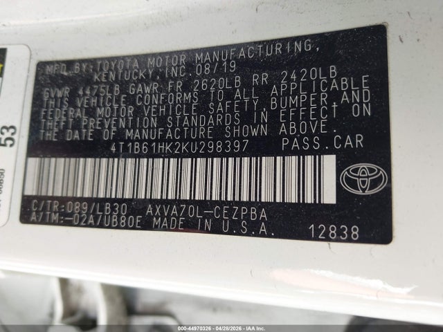 Aukcja sprzedaży 2019 Toyota Camry Xse, vin: 4T1B61HK2KU298397, numer aukcji: 44970326