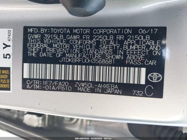 JTDKBRFU0H3568681 Toyota Prius Two
