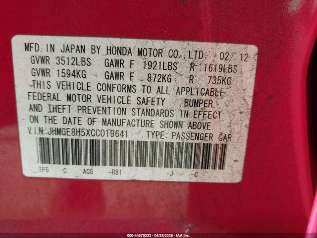 2012 Honda Fit Sport მანქანა იყიდება აუქციონზე, vin: JHMGE8H5XCC019641, აუქციონის ნომერი: 44970333