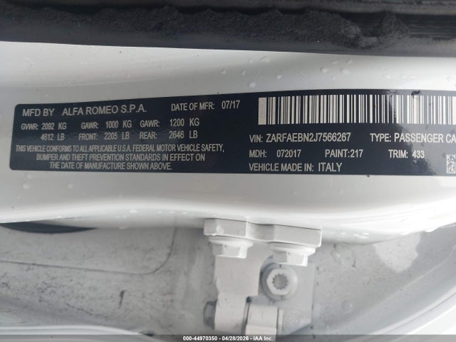 44970350 :رقم المزاد ، ZARFAEBN2J7566267 vin ، 2018 Alfa Romeo Giulia Rwd مزاد بيع