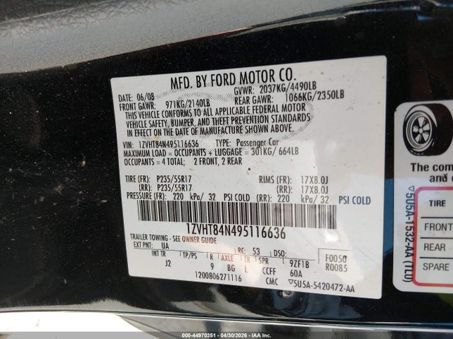 Aukcja sprzedaży 2009 Ford Mustang V6/v6 Premium, vin: 1ZVHT84N495116636, numer aukcji: 44970351