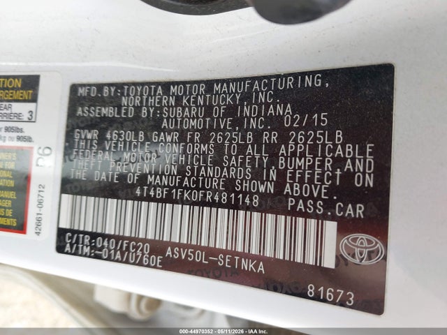 2015 Toyota Camry Le მანქანა იყიდება აუქციონზე, vin: 4T4BF1FK0FR481148, აუქციონის ნომერი: 44970352