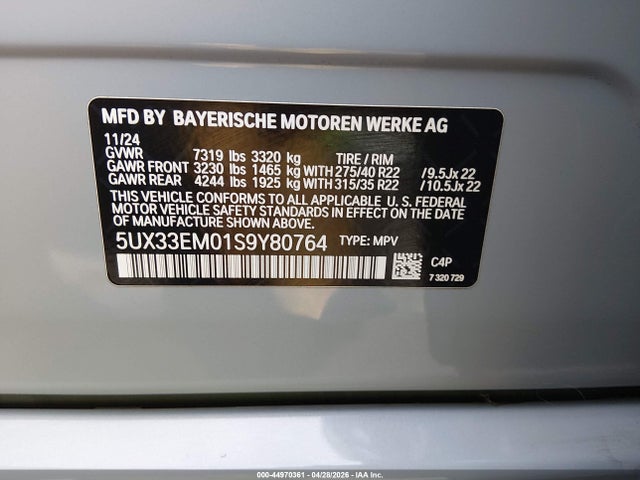 Aukcja sprzedaży 2025 Bmw X7 M60i, vin: 5UX33EM01S9Y80764, numer aukcji: 44970361
