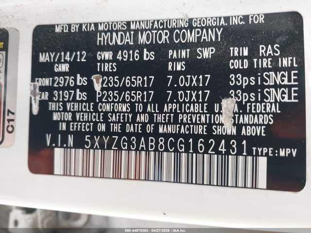 Продаж на аукціоні авто 2012 Hyundai Santa Fe Gls, vin: 5XYZG3AB8CG162431, номер лоту: 44970363