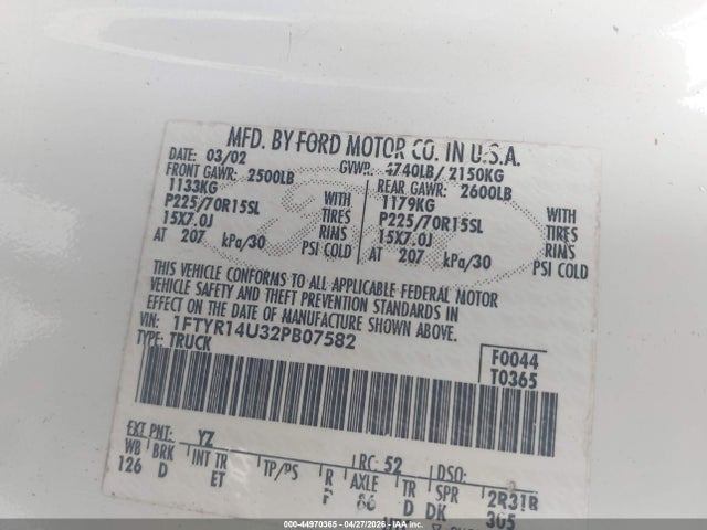 Aukcja sprzedaży 2002 Ford Ranger Edge/tremor/xl/xlt, vin: 1FTYR14U32PB07582, numer aukcji: 44970365