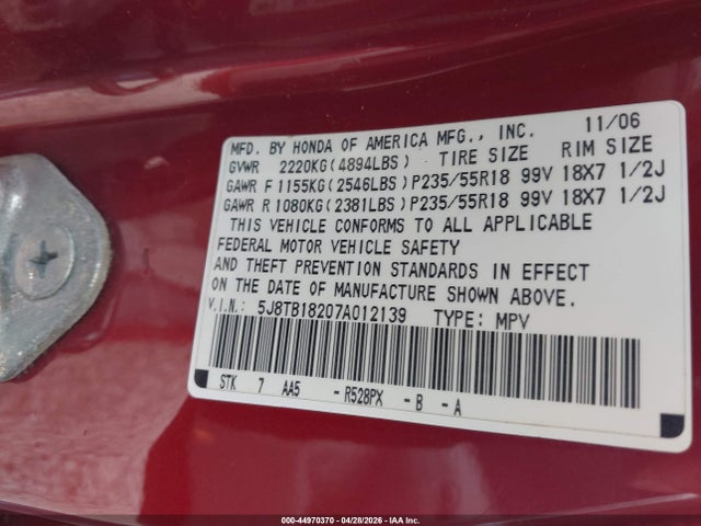 44970370 :رقم المزاد ، 5J8TB18207A012139 vin ، 2007 Acura Rdx مزاد بيع