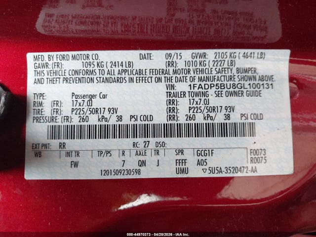44970373 :رقم المزاد ، 1FADP5BU8GL100131 vin ، 2016 Ford C-max Hybrid Sel مزاد بيع