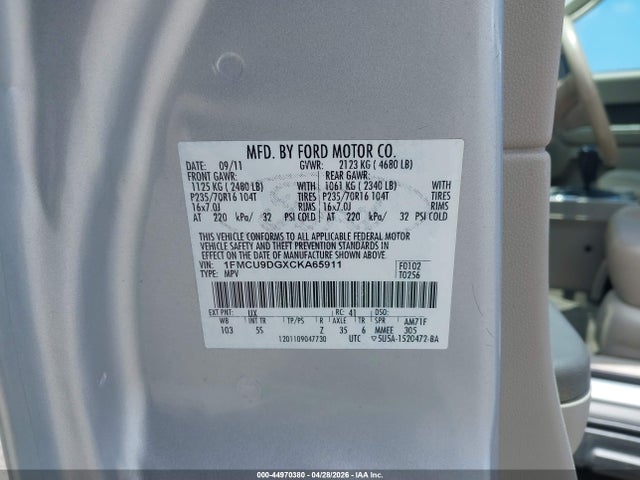Продаж на аукціоні авто 2012 Ford Escape Xlt, vin: 1FMCU9DGXCKA65911, номер лоту: 44970380