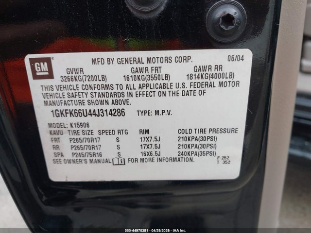44970381 :رقم المزاد ، 1GKFK66U44J314286 vin ، 2004 Gmc Yukon Xl 1500 Denali مزاد بيع