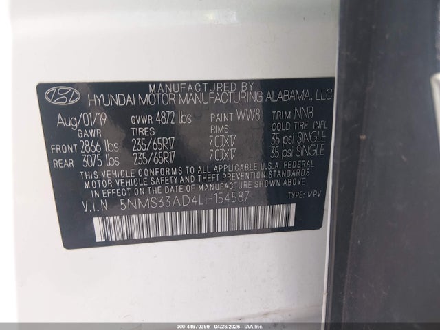 Продаж на аукціоні авто 2020 Hyundai Santa Fe Sel, vin: 5NMS33AD4LH154587, номер лоту: 44970399