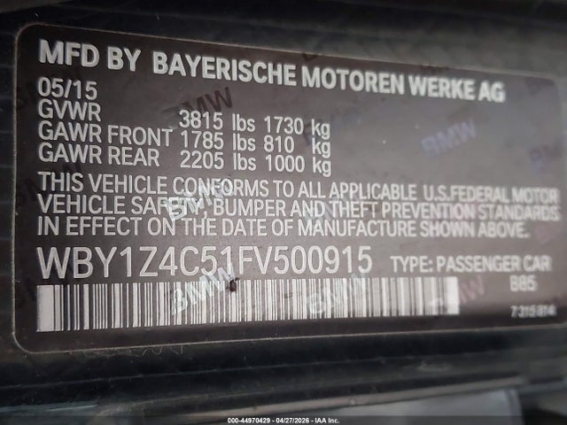 Продажа на аукционе авто 2015 Bmw I3 Base W/range Extender, vin: WBY1Z4C51FV500915, номер лота: 44970429