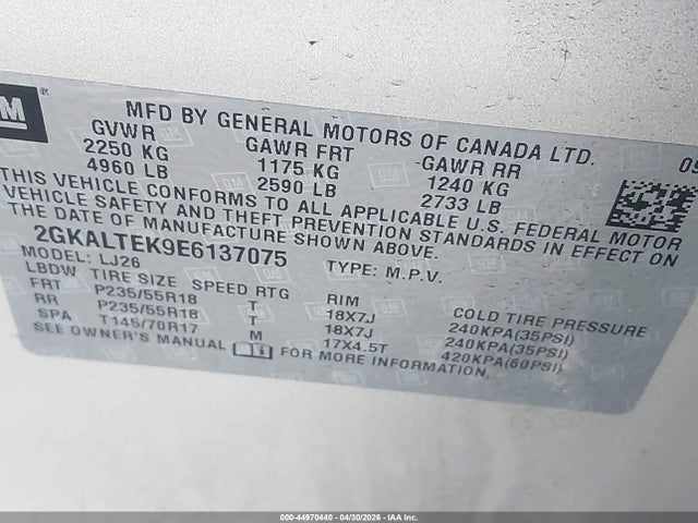 44970440 :رقم المزاد ، 2GKALTEK9E6137075 vin ، 2014 Gmc Terrain Slt-2 مزاد بيع