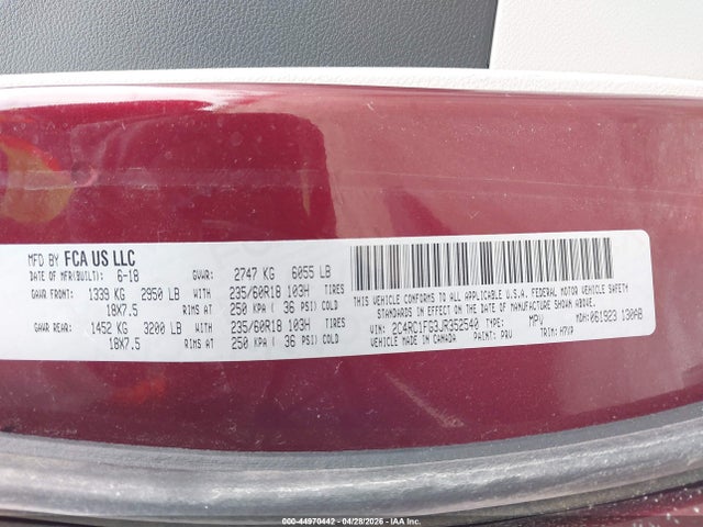 Aukcja sprzedaży 2018 Chrysler Pacifica Touring Plus, vin: 2C4RC1FG3JR352540, numer aukcji: 44970442