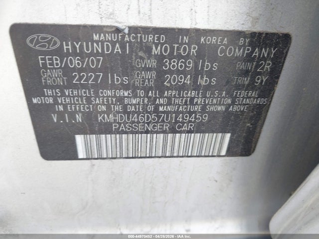 2007 Hyundai Elantra Gls/limited/se მანქანა იყიდება აუქციონზე, vin: KMHDU46D57U149459, აუქციონის ნომერი: 44970452