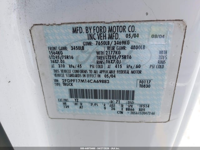 Aukcja sprzedaży 2004 Ford F-150 Heritage Xl, vin: 2FDPF17M14CA69883, numer aukcji: 44970468