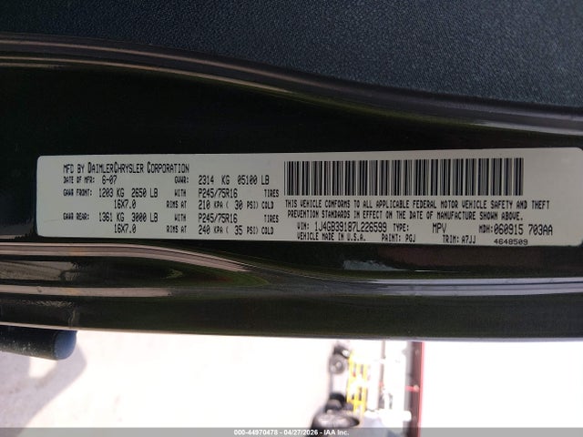 2007 Jeep Wrangler Unlimited X მანქანა იყიდება აუქციონზე, vin: 1J4GB39187L226599, აუქციონის ნომერი: 44970478