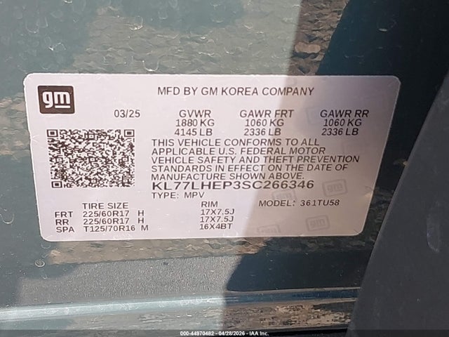 44970482 :رقم المزاد ، KL77LHEP3SC266346 vin ، 2025 Chevrolet Trax Fwd Lt مزاد بيع