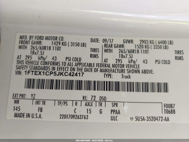 1FTEX1CP5JKC42417 Ford F-150 Xlt