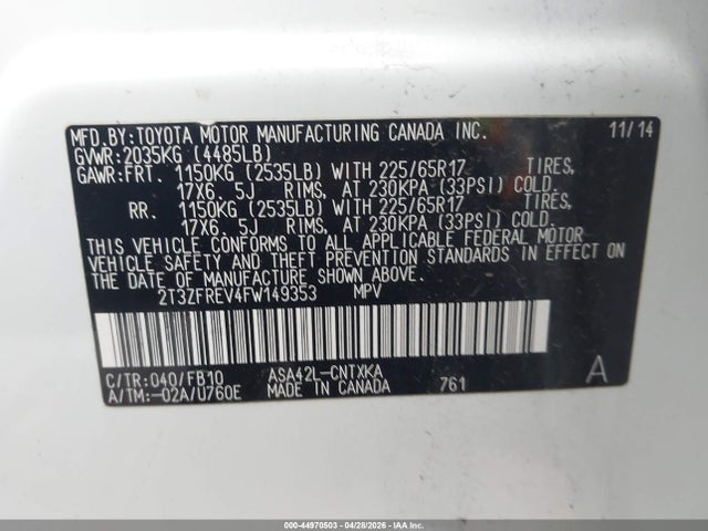 Продаж на аукціоні авто 2015 Toyota Rav4 Le, vin: 2T3ZFREV4FW149353, номер лоту: 44970503