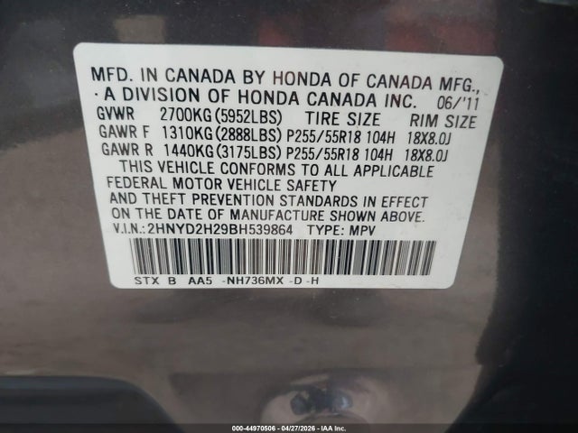 44970506 :رقم المزاد ، 2HNYD2H29BH539864 vin ، 2011 Acura Mdx مزاد بيع