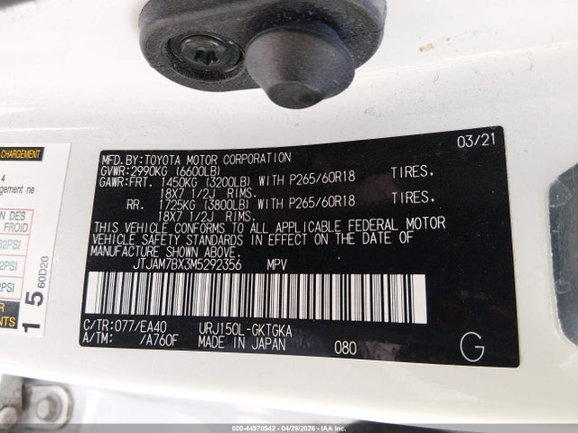 Aukcja sprzedaży 2021 Lexus Gx 460 Premium, vin: JTJAM7BX3M5292356, numer aukcji: 44970542