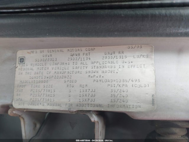 44970544 :رقم المزاد ، 1GNDT13W6P2202622 vin ، 1993 Chevrolet Blazer S10 مزاد بيع