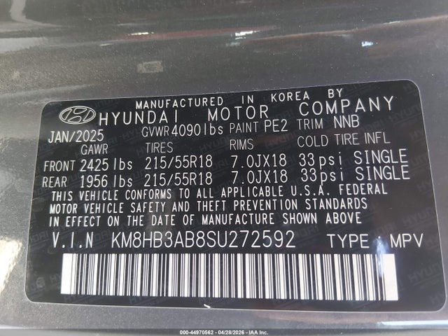 44970562 :رقم المزاد ، KM8HB3AB8SU272592 vin ، 2025 Hyundai Kona Sel مزاد بيع