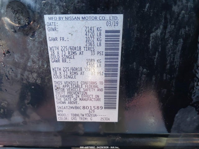 Aukcja sprzedaży 2019 Nissan Rogue Sv, vin: 5N1AT2MV8KC801589, numer aukcji: 44970592