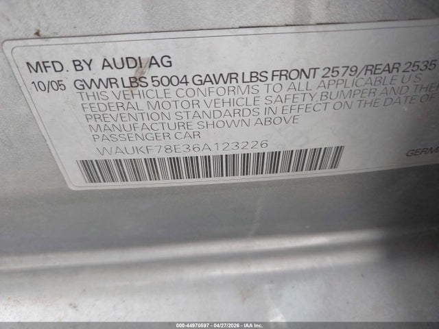 44970597 :رقم المزاد ، WAUKF78E36A123226 vin ، 2006 Audi A4 2.0t Avant مزاد بيع