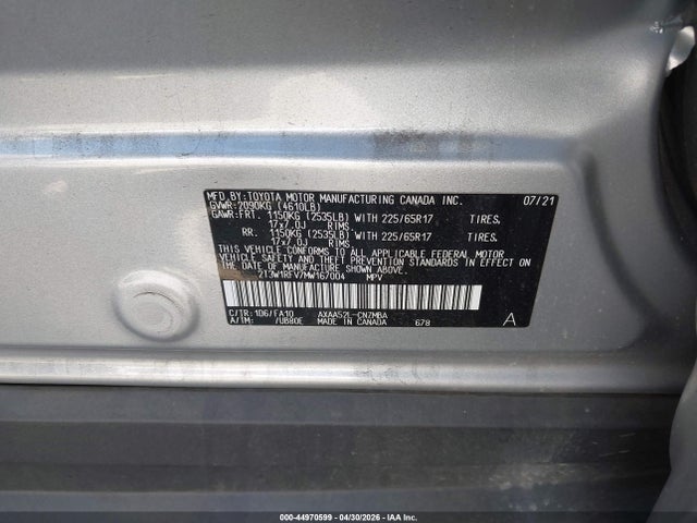 44970599 :رقم المزاد ، 2T3W1RFV7MW167004 vin ، 2021 Toyota Rav4 Xle مزاد بيع