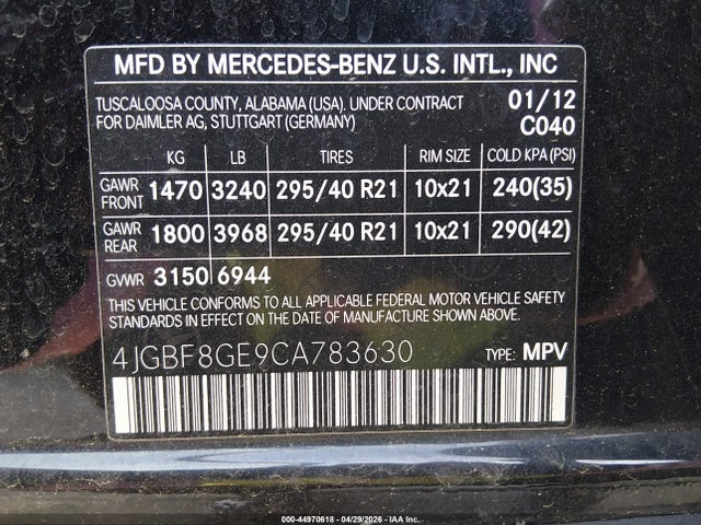44970618 :رقم المزاد ، 4JGBF8GE9CA783630 vin ، 2012 Mercedes-benz Gl 550 4matic مزاد بيع