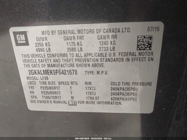 Aukcja sprzedaży 2015 Gmc Terrain Sle-1, vin: 2GKALMEK9F6421670, numer aukcji: 44970629