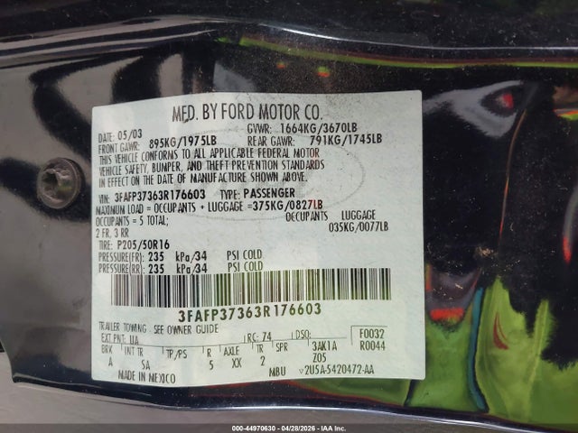 44970630 :رقم المزاد ، 3FAFP37363R176603 vin ، 2003 Ford Focus Zx5 مزاد بيع