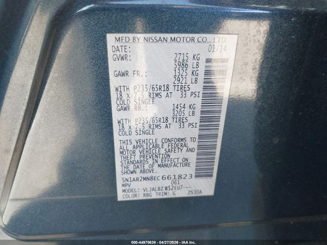 5N1AR2MN8EC661823 Nissan Pathfinder Platinum/s/sl/sv