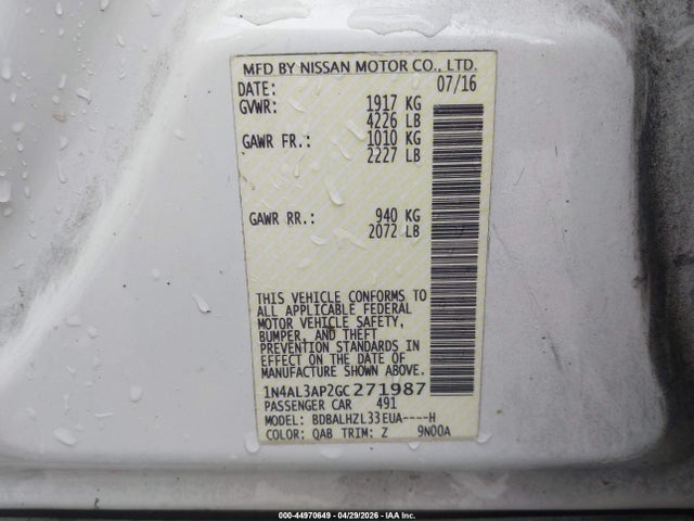 Aukcja sprzedaży 2016 Nissan Altima 2.5 Sr, vin: 1N4AL3AP2GC271987, numer aukcji: 44970649