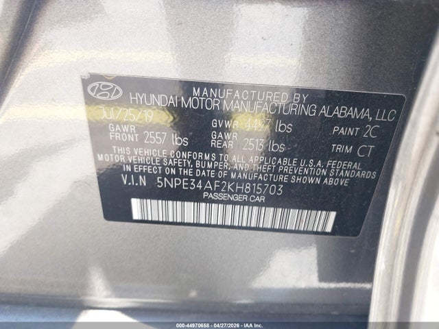 44970658 :رقم المزاد ، 5NPE34AF2KH815703 vin ، 2019 Hyundai Sonata Sel مزاد بيع
