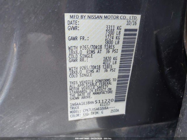 1N6AA1EJ8HN511220 Nissan TITAN S