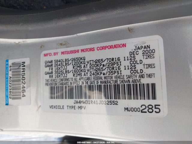 Продаж на аукціоні авто 2001 Mitsubishi Montero Xls, vin: JA4MW31R41J032552, номер лоту: 44970661