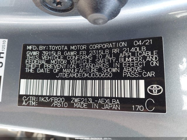 Toyota Corolla Hybrid Le 2021 JTDEAMDE0MJ030650 Image 9