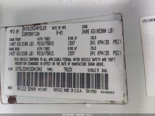 Aukcja sprzedaży 2001 Dodge Dakota Slt/sport, vin: 1B7GL22XX1S341343, numer aukcji: 44970669