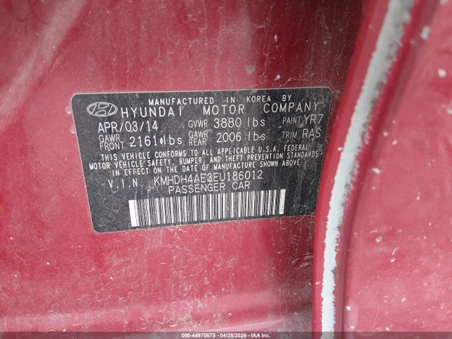 Auction sale of the 2014 Hyundai Elantra Se, vin: KMHDH4AE3EU186012, lot number: 44970675