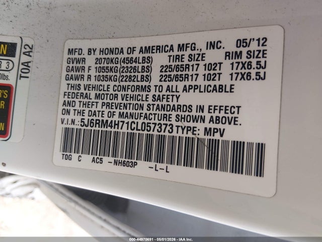 Продаж на аукціоні авто 2012 Honda Cr-v Ex-l, vin: 5J6RM4H71CL057373, номер лоту: 44970691