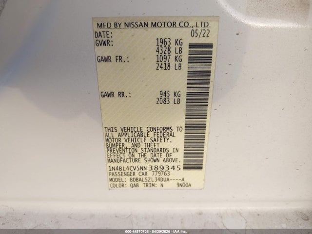2022 Nissan Altima Sr Fwd მანქანა იყიდება აუქციონზე, vin: 1N4BL4CV5NN389345, აუქციონის ნომერი: 44970708