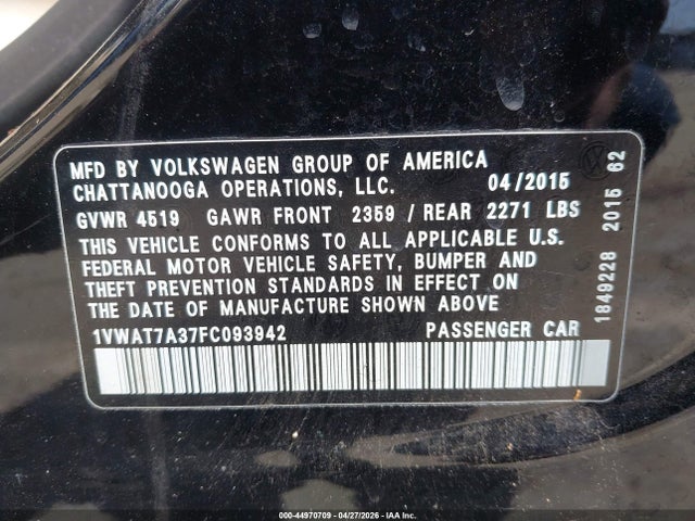 44970709 :رقم المزاد ، 1VWAT7A37FC093942 vin ، 2015 Volkswagen Passat 1.8t Limited Edition مزاد بيع