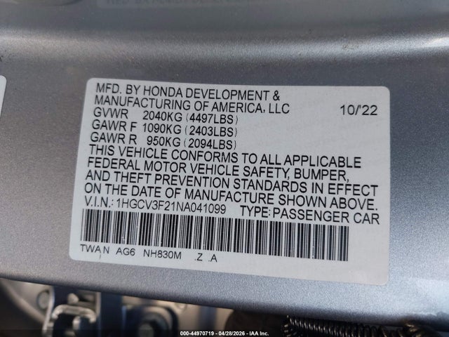 1HGCV3F21NA041099 Honda Accord Hybrid Sport