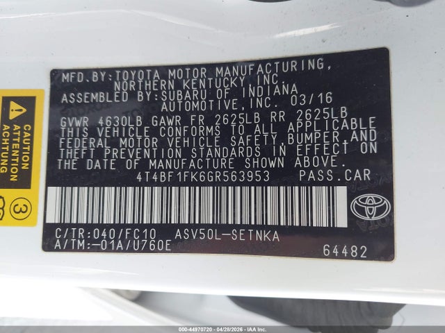 Aukcja sprzedaży 2016 Toyota Camry Le, vin: 4T4BF1FK6GR563953, numer aukcji: 44970720
